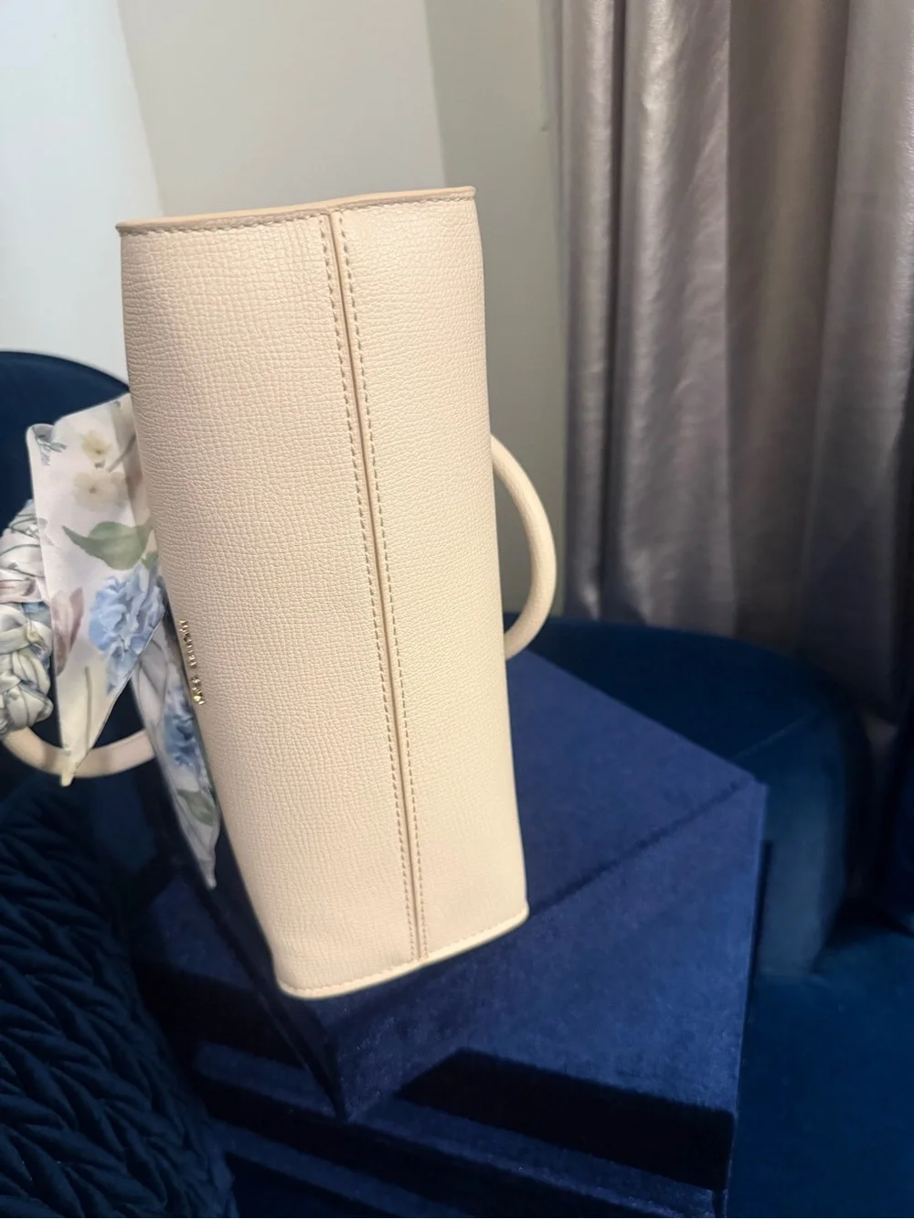 Ted Baker Cream Pebbled Top-Handle Satchel with Floral Scarf Accent